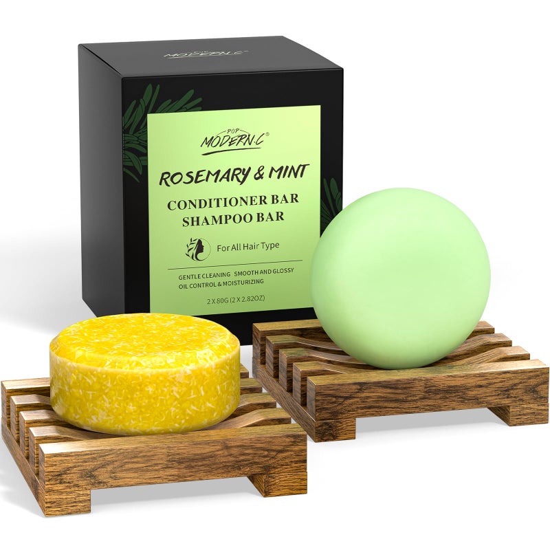 POP MODERNC Rosemary Solid Shampoo and Conditioner Bar Set for Hair Growth Moisturizing 160g 28219 Ounce 2x80g Soaps 2 Wooden Holder Mothers Day Gift